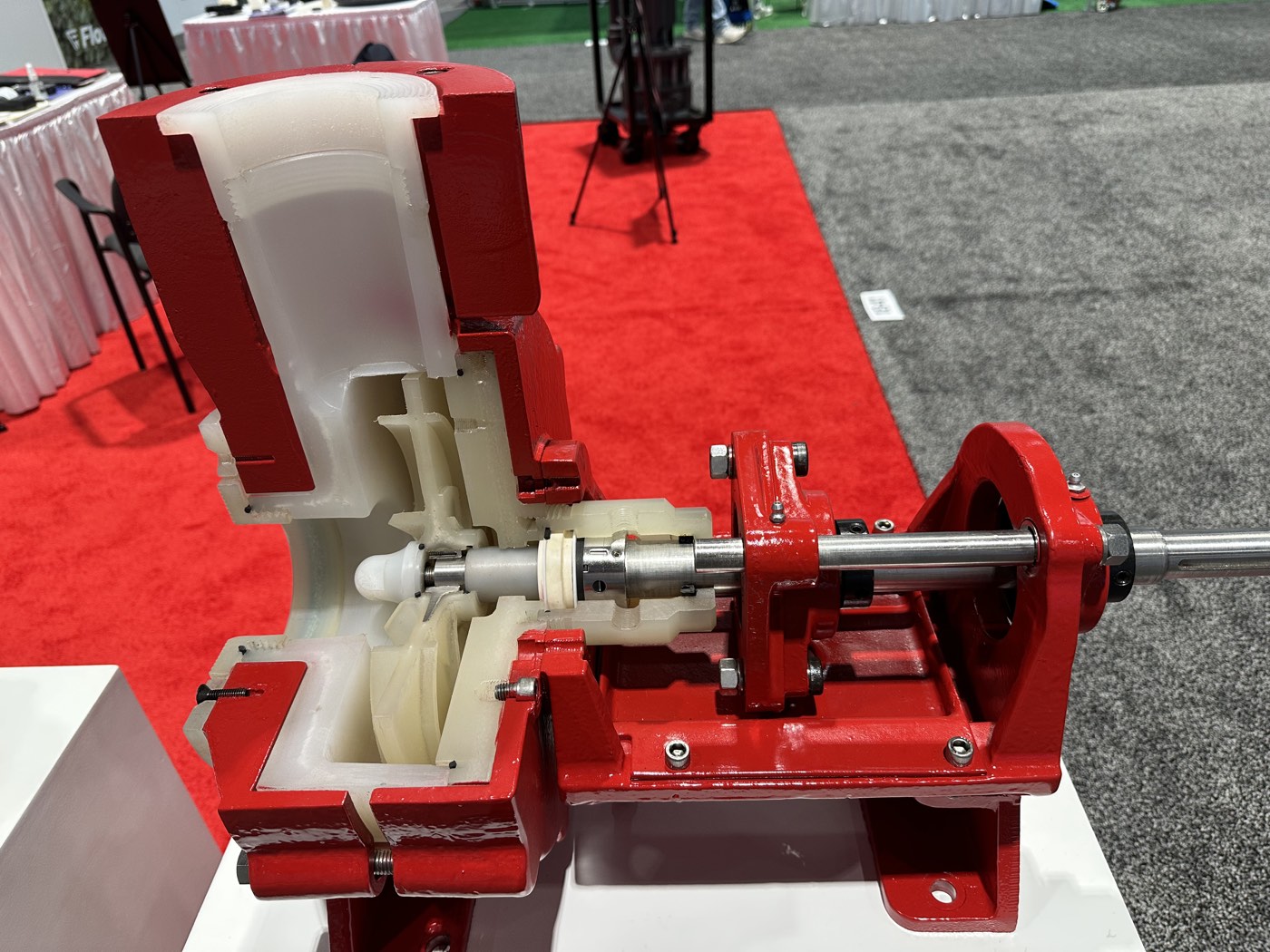 Cutaway display of a Vanton horizontal centrifugal pump showing the solid thermoplastic wetted end